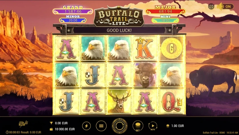 Скриншот игрового слота Buffalo Trail демонстрирует символику с изображением буйволов и антураж в духе Дикого Запада.
